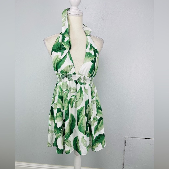Show Me Your Mumu Green Leaf Palmtini Island Mini Halter Dress - Picture 2 of 6
